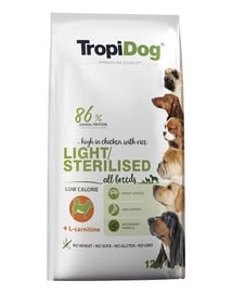 TROPIDOG Premium Light-Sterilized Granule pre psov s nadváhou Kuracie mäso a ryža 12 kg