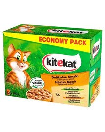 KITEKAT 12x100gx4 Delikátne príchute -krmivo pre mačky v omáčke (jahňacie, hydinové, králičie, morčacie)