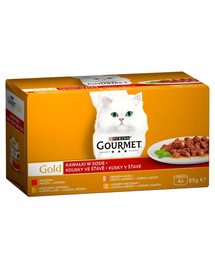 GOURMET GOURMET GOLD - kúsky v omáčke hovädzie mäso; morka a kačica; sliepka a pečeň; Losos a kura MP 12 (4x85g)