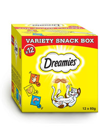 DREAMIES Variety Snack Box maškrty pre mačky s príchuťou kuracieho mäsa, syra a lososa 720 g