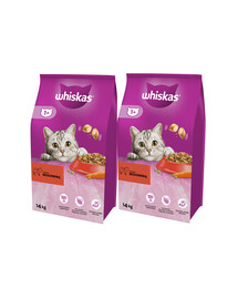 WHISKAS Adult 2x14kg - suché krmivo pre mačky s hovädzím mäsom a zeleninou