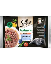 SHEBA  Nature’s Collection Rybie príchute  kompletné krmivo pre dospelé mačky v tuniakovej omáčke a ľanovom oleji, vrecúško 4x85 g