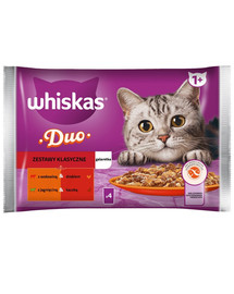 WHISKAS Adult 4 x 85 g vrecúška Klasické vlhké krmivo pre mačky v želé s hovädzím a hydinovým mäsom, jahňacím a kačacím mäsom