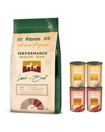 FITMIN Dog Medium Maxi Performance Lamb&Beef 12 kg + 4 Konzervy ZADARMO