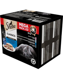 SHEBA Paštéty biela ryba, treska, losos a tuniak 32x85g