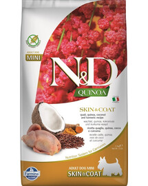 N&D Quinoa Dog Skin & Coat Adult Mini – Krmivo pre psov s prepeličím mäsom, kurkumou a  kokosom 2,5 kg