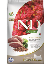 N&D Quinoa Dog Neutere Adult Mini Granule pre kastrované psy kačica, brokolica a špargľa 2,5 kg