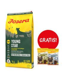 Josera Dog Junior YoungStar 15kg Grainfree  + 2 x Denties with Poultry & Blueberry 180g  ZADARMO
