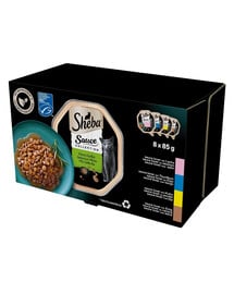 SHEBA Sauce Collection Výber príchutí 8x85g tácky v omáčke s lososom, tuniakom, kuracím mäsom, kačicou