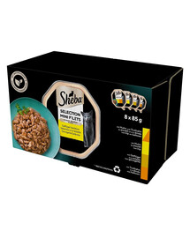 SHEBA Selection vaničky s kuracími príchuťami 8x85 g v omáčke s kuracím a morčacím kuracím mäsom, hydinou, morčacím mäsom
