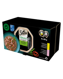 SHEBA Nature's Collection Mix chutí vo vaničke na omáčku 8x85g kuracie mäso s paprikou a losos s hráškom