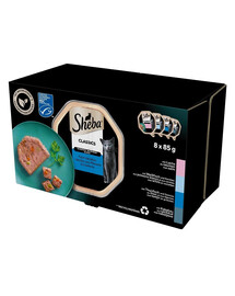 SHEBA Classics vaničky s príchuťami rýb 32x85 g v omáčke s lososom, bielou rybou a mrkvou, tuniakom a zeleninou, treska