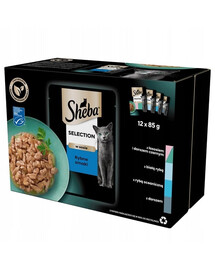 SHEBA Selection Rybie príchute v omáčke 12×85g Mokré krmivo pre mačky s lososom a čiernou treskou, bielou rybou, morskými rybami a treskou