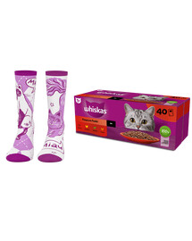 WHISKAS kompletné mokré krmivo pre dospelé mačky v omáčke 40x85 g + ponožky ZDARMA