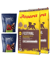 JOSERA Festival 25kg (2x12,5kg) + SIMPLY FROM NATURE prírodné párky s jeleným mäsom 2x200 g