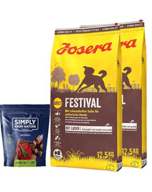 JOSERA Festival pre dospelých náročných psov 25kg (2x12,5kg) + SIMPLY FROM NATURE Prírodné klobásky s konským mäsom 200 g