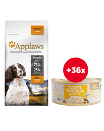 APPLAWS Dog Adult Small & Medium Breed Chicken 15 kg + Taste Toppers kuracie mäso vo vývare 36x156 g ZADARMO