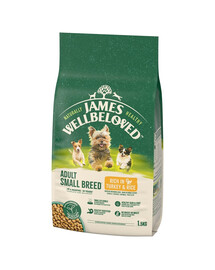 JAMES WELLBELOVED Adult 1,5 kg Kompletné krmivo pre dospelých psov malých plemien 6 mesiacov - 10 rokov bohaté na morku a ryžu