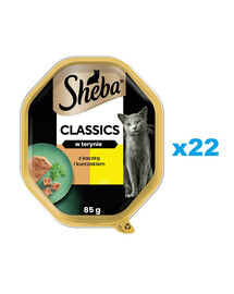SHEBA Classics 22×85g Kompletné krmivo pre dospelé mačky s kačacím a kuracím mäsom