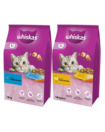 WHISKAS Adult 14kg s kuracím mäsom a zeleninou + WHISKAS Adult 14kg s tuniakom a zeleninou
