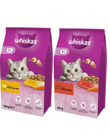 WHISKAS Adult 14 kg s kuracím mäsom a zeleninou + WHISKAS Adult 14 kg s hovädzím mäsom a zeleninou
