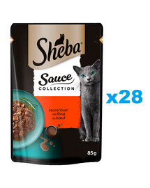 SHEBA Sauce Collection Šťavnaté príchute vrecúško 28x85 g kompletné krmivo pre dospelé mačky kúsky s hovädzím mäsom v omáčke