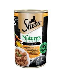 SHEBA puszka 400 g Nature's Collection s morčacím mäsom, kuracími srdiečkami a rybím olejom s mrkvovou oblohou vo vaničke