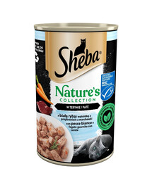 SHEBA konzerva 400 g Nature's Collection s bielou rybou a pečeňou s mrkvovou oblohou v omáčke