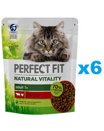 PERFECT FIT Natural Vitality 1+ kompletné suché krmivo pre dospelé mačky s hovädzím a kuracím mäsom 6x650 g