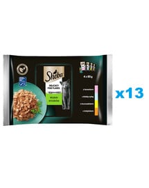 SHEBA Delicacy Fine Flakes Výber príchutí 52x85 g vrecúška kompletné krmivo pre dospelé mačky v kúskoch želé s: losos, biela ryba, kuracie mäso, morka