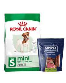 ROYAL CANIN Mini Adult 8kg krmivo pre dospelých psov, malé plemená + SIMPLY FROM NATURE Prírodné cigary s hovädzím mäsom 3 ks