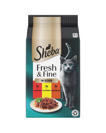 SHEBA Fresh & Fine vrecuška 6x50 g krmivo pre mačky v omáčke s hovädzím, kuracím, jahňacím