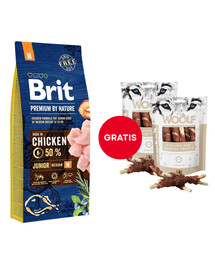 BRIT Premium By Nature Junior Medium M Chicken 15 kg + WOOLF Chicken And Rawhide Twister 2 x 100g suszona skóra owinięta kurczakiem GRATIS