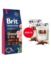 BRIT Premium By Nature Junior Large L Chicken 15 kg + WOOLF Chicken And Rawhide Twister 2 x 100g suszona skóra owinięta kurczakiem GRATIS