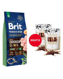BRIT Premium By Nature Junior Extra Large XL Chicken 15 kg + WOOLF Chicken And Rawhide Twister 2 x 100g suszona skóra owinięta kurczakiem GRATIS
