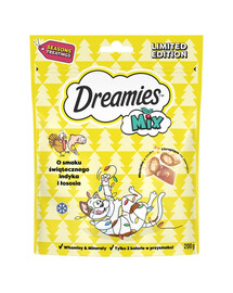 DREAMIES Mix 200g Doplnkové krmivo s príchuťou vianočného moriaka a lososa pre dospelé mačky a mačiatka staršie ako 8 týždňov