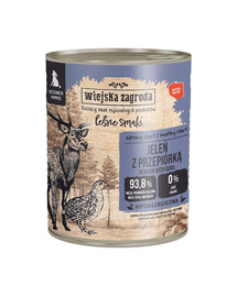 WIEJSKA ZAGRODA Lesné príchute jeleňov a prepelíc mokré krmivo pre šteniatka 800g