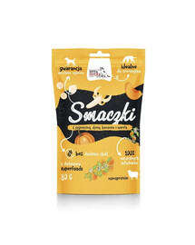 SYTA MICHA Pochúťky s jahňacím mäsom, tekvicou, banánom a marhuľou pre psa 80 g