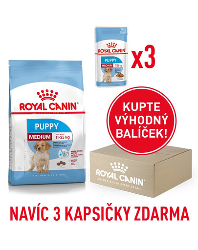 ROYAL CANIN Medium Puppy 1 kg box + 3 x kapsičky 140 g zdarma
