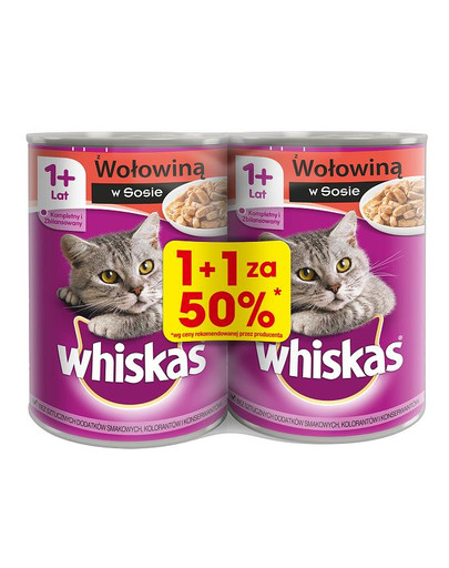 WHISKAS Adult Konzerva 24x400g - hovädzie v omáčke pre mačky (12ks za 50%)