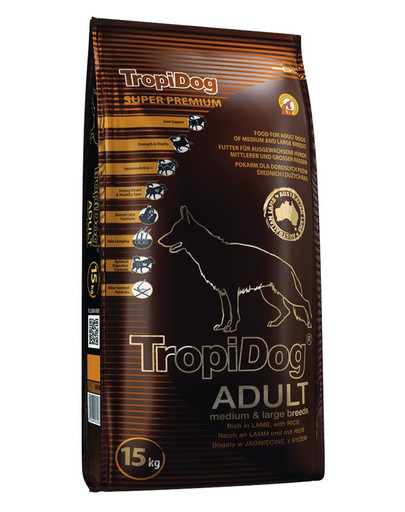 TROPIDOG Super Premium Adult M&L Lamb & Rice Granule pre psov veľkých a stredných plemien Jahňacie mäso a ryža 15 kg