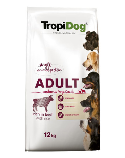 TROPIDOG Premium Adult M&L Granule pre psov stredných a veľkých plemien Hovädzie mäso a ryža 12 kg