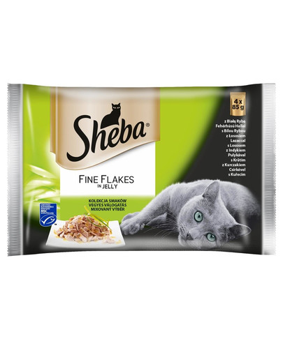 SHEBA Pochúťka Fine Flakes in Jelly - krmivo pre mačky v želé (biele ryby, losos, morka, kura) 13x4x85g + miska zdarma