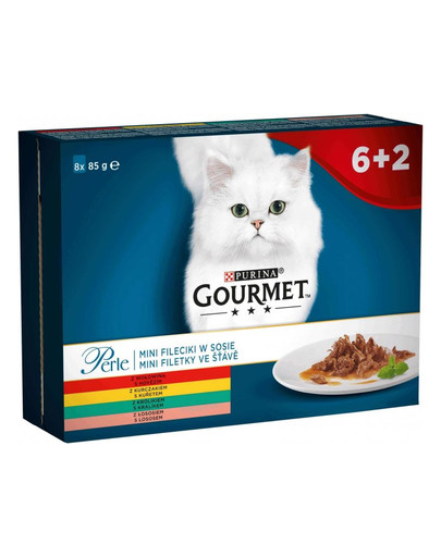 GOURMET Perle Kolekcia mini filé v omáčke pre mačky (s chuťou mäsa hovädzieho, kuracieho, králičieho, lososa) 8x85 g