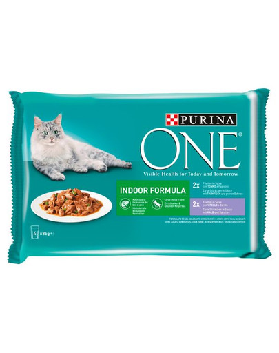 PURINA ONE Indoor Formula Mix príchutí (s teľacím a mrkvou,  s tuniakom a zelenou fazuľkou) 48x85g Kapsička pre mačky