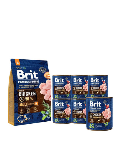 BRIT Premium By Nature Adult Medium M 3 kg + BRIT kuracie a srdcia 6 x 800 g