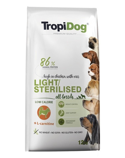 TROPIDOG Premium Light-Sterilized Granule pre psov s nadváhou Kuracie mäso a ryža 12 kg