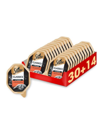 SHEBA Classics in Pastete krmivo s hovädzím mäsom 44 x 85 g (30 + 14 zdarma)
