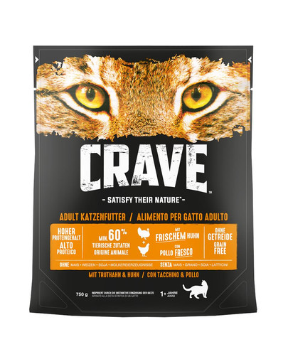 CRAVE Bezobilné granule pre mačky s morčacím a kuracím mäsom 750 g x 6