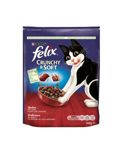 FELIX Crunchy & soft Granule pre mačky s  hovädzím mäsom, kuracím mäsom, zeleninou 4 x 950 g